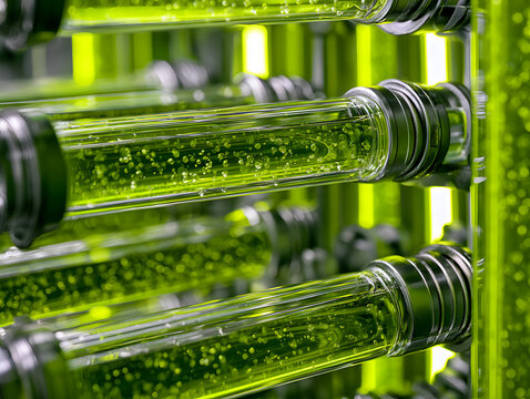Algae Biofuel Reactor Tubes with Microalgae in High Tech Laboratory for Sustainable Energy Concept