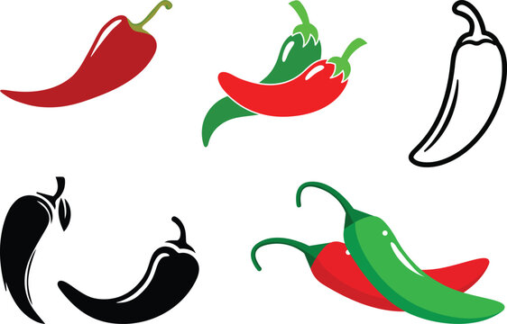Hot Chili Pepper Icon Set in Red and Black Silhouette Styles, Vector Illustration for Spicy Food, Mexican Cuisine, Cooking, Restaurant Branding, and Food Design Projects.Spicy Chili Pepper Vector Icon