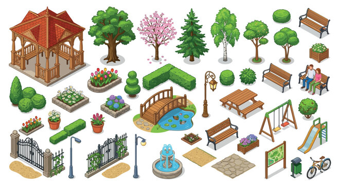 Park Elements Vector Illustration With Trees Benches And Garden Features