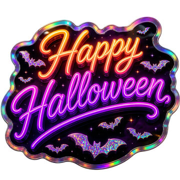 happy halloween neon holographic sticker with glowing cursive typography orange purple gradient and flying bats isolated png transparent background for spooky festive design., 