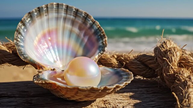 Close-up of an open iridescent seashell with a round white pearl resting on weathered wood with a knotted hemp rope on a sunny beach with ocean waves and a clear blue sky.