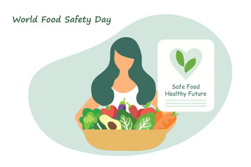 Fototapeta premium World food safety day concept, woman holding food global vector illustration 
