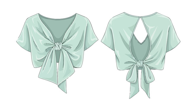 Mint Green Tie-Front Crop Top Illustration with Open Back Detail and Short Sleeves Front and Back View