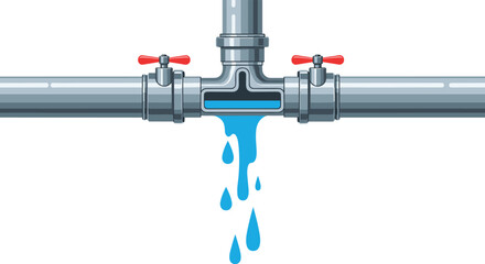 Naklejka premium Technical illustration showing a metal pipe joint leaking water with blue droplets falling from a central valve connection on white background.