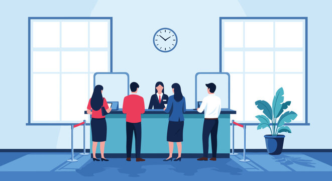 Group of people waiting in line at a professional service counter in a modern office or bank building with large windows and a wall clock.