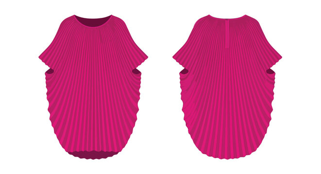 Magenta pleated cocoon top with voluminous sleeves front and back view illustration