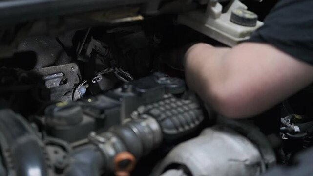 Close Up of Auto Mechanic Hands Repairing and Fixing Car Engine under the Hood in a Garage Workshop