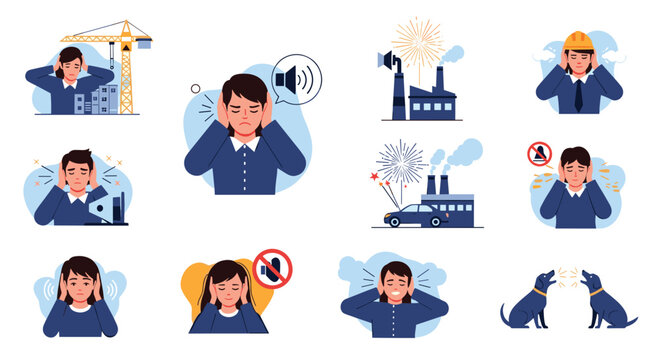 Various individuals covering their ears in distress due to loud noises from construction sites factories fireworks and barking dogs for health.