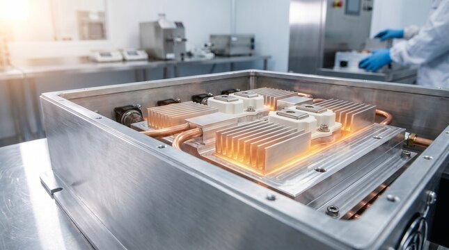 Industrial EV power inverter module with liquid cooling plate details.