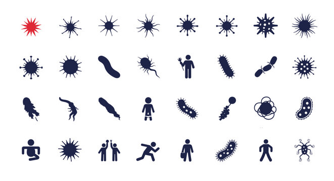 Set of dark blue icons depicting various microorganisms, bacteria, viruses, and cells for medical and scientific educational study.