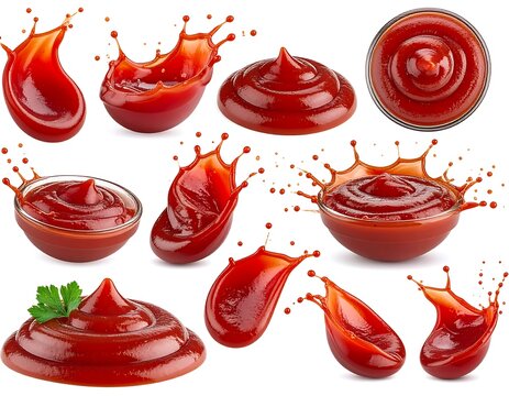 Assortment of vibrant red condiment splashes and swirls, in bowls and isolated, showcasing texture and dynamic movement