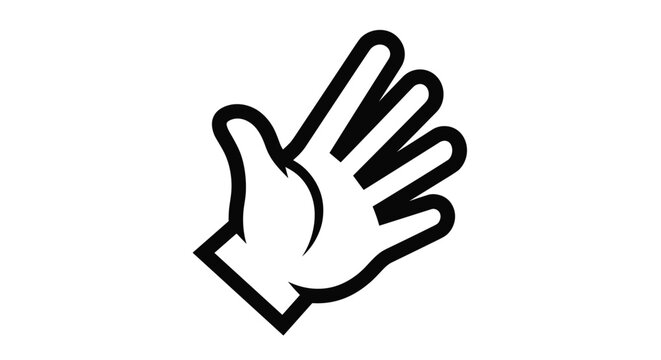 Simple black and white line drawing of a human hand with fingers spread wide in a greeting or waving gesture on white background.
