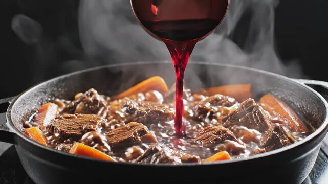 Close up of red wine being poured from a copper ladle into a steaming cast iron skillet filled with beef stew chunks and carrots, slow cooking process with rising steam and dark background.