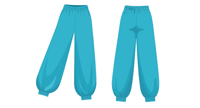 Blue Baggy Harem Pants with Elastic Waist and Cuffs Front and Back View Fashion Illustration