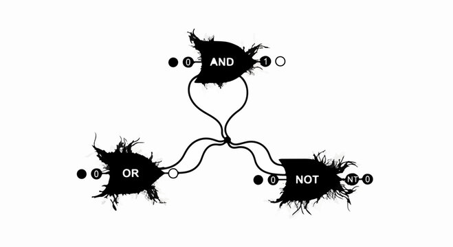 Abstract representation of logic gates AND, OR, and NOT connected in a circuit