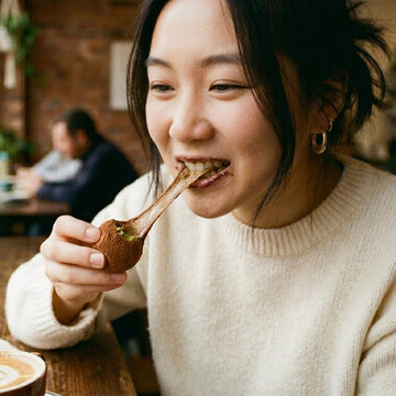 Young Asian woman eating stretchy chocolate pistachio mochi cookie in a cozy cafe close up