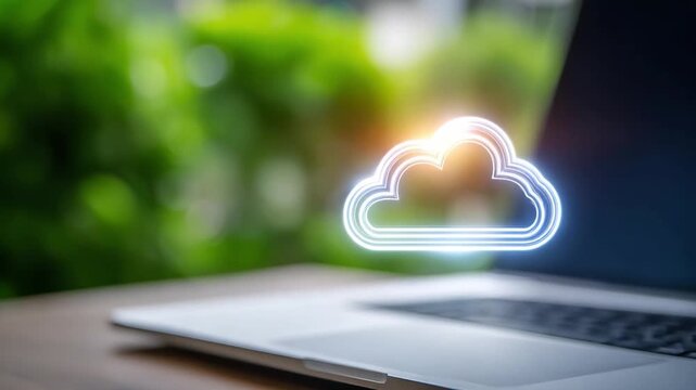 Digital Cloud on Laptop: A glowing, futuristic digital cloud icon hovers above a modern laptop, set against a blurred green background, symbolizing cloud computing and data storage.