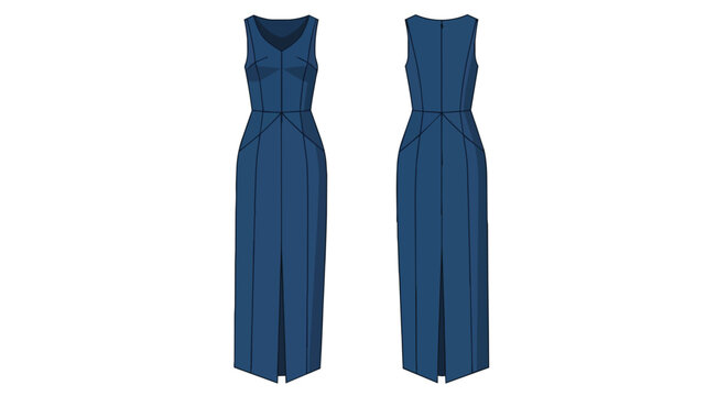 Elegant Blue Sleeveless Maxi Dress Front and Back View for Fashion Design and Mockup Illustration