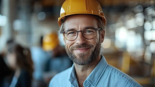 Skilled Craftsman: A smiling man in a yellow hard hat and glasses, wearing a light blue collared shirt, looks confidently at the camera. He is in what appears to be an industrial or factory setting.