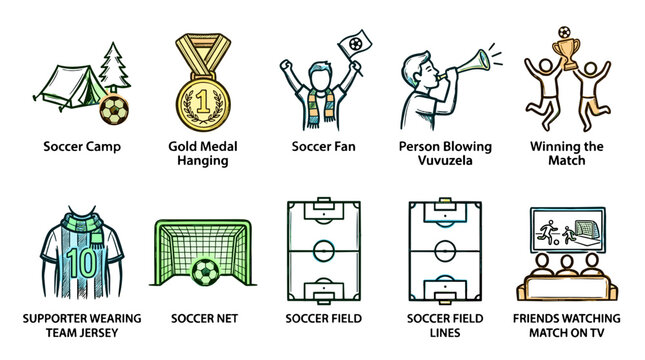 Collection of soccerrelated icons including equipment and celebrations