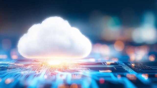 Cloud Computing Concept: A stylized, glowing cloud hovers above a complex, illuminated circuit board, representing the power and interconnectedness of cloud technology and digital data flow.