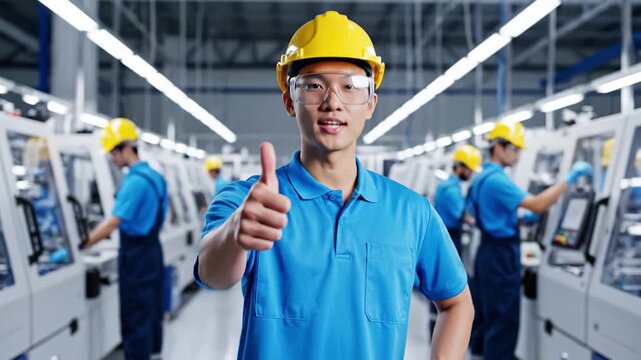 Factory worker wearing safety helmet and protective glasses showing confidence with clenched fist modern industrial manufacturing plant alongside colleagues operating machines ensuring production