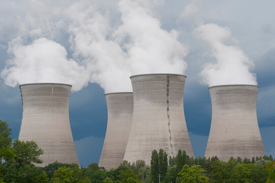 France, Rhone, Smoking cooling towers of power plant