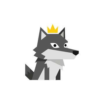 Gray wolf king with a yellow crown in geometric style
