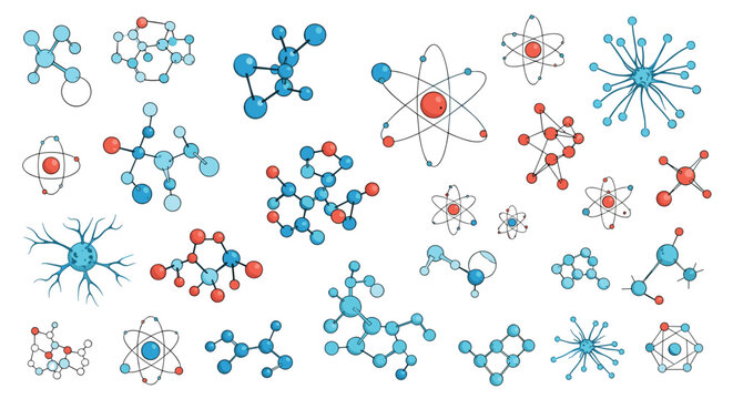 Scientific collection of various molecular structures and atomic models representing chemistry, physics, and biology research.