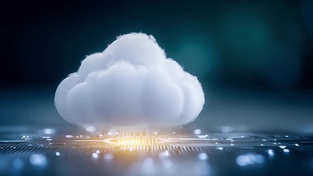 Digital Cloud Computing Power: A stylized white cloud emerges from a glowing circuit board, symbolizing the power and innovation of cloud technology and digital data storage.