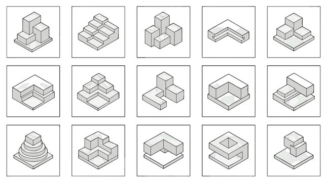 Collection of isometric 3d building structures and architectural models