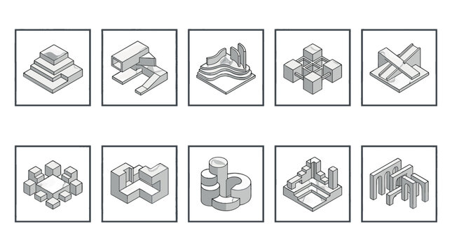 Set of 12 black and white isometric icons representing various objects