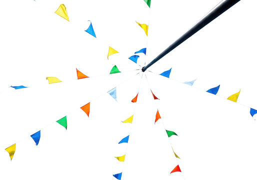 Colorful triangular bunting flags hanging from a central pole isolated on transparent background