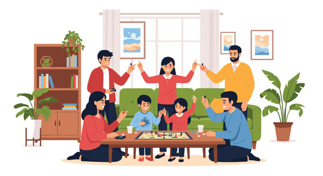 Happy family of different generations sitting together in a cozy living room while playing an engaging board game on a coffee table.