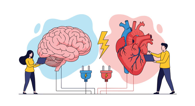 Symbolic illustration showing a brain and heart connected by electrical plugs with people working on laptops to balance logic and emotion.