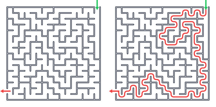 Geometric square maze puzzle game with answer path printable educational activity page for children vector graphic