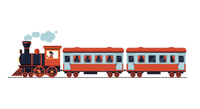 Classic vintage steam locomotive engine pulling two red passenger train carriages on a track while emitting a cloud of blue smoke.
