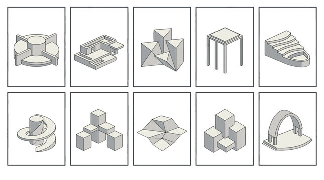 Collection of geometric 3d shapes and objects for design and art