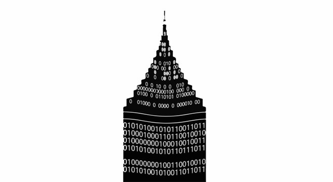 Digital skyscraper constructed from binary code symbolizing technology and urban development