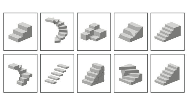Set of various 3d staircase models in different styles and angles