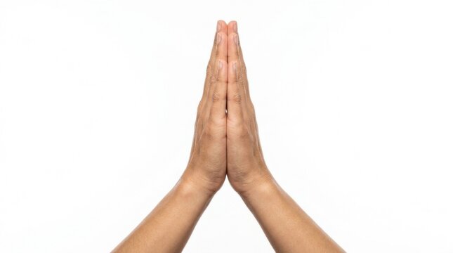 Praying hands together in gesture.
