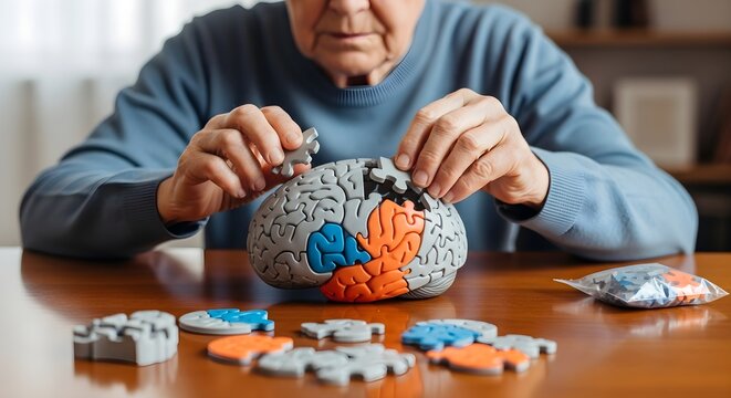 Elderly person assembling a colorful brain puzzle at a table representing dementia care, cognitive therapy, and memory stimulation in senior support.