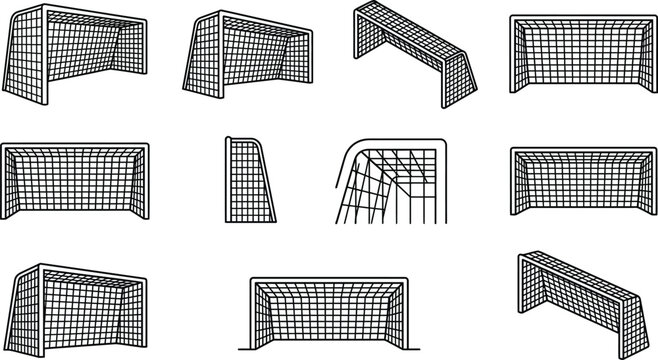Soccer goal posts collection with different perspective angles and viewpoints in outline style.