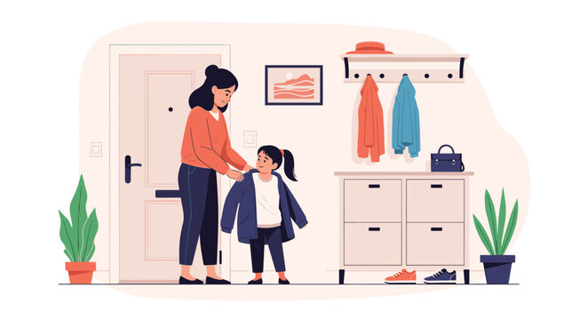 Caring mother helping her young daughter put on a blue jacket in home entryway before going out for school or a walk together.