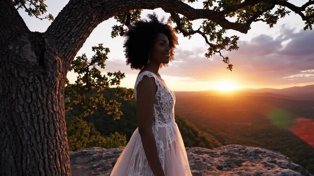 A young woman with an afro hairstyle wearing a white lace wedding dress standing on a rocky cliff beside a large tree overlooking a vast landscape during a golden hour sunset.