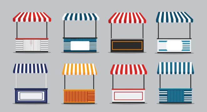 Assortment of eight colorful street market stalls with striped awnings for food or retail vendors isolated on gray background.