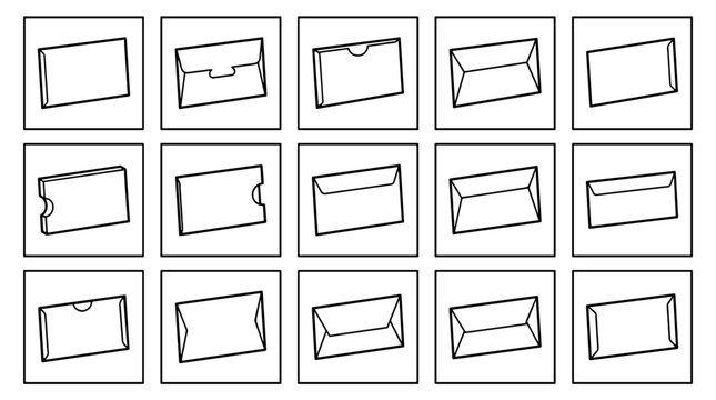 Set of 15 simple line drawing envelopes in various open and closed positions
