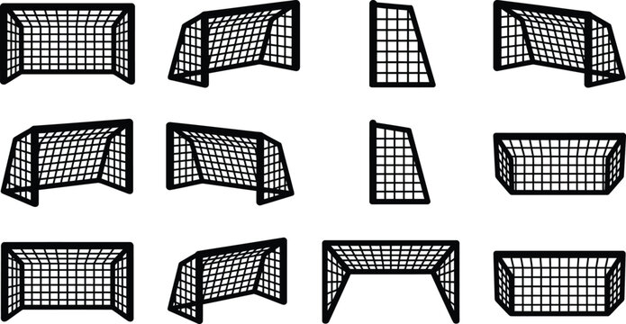 Soccer goal net icons set from various perspective angles and views.