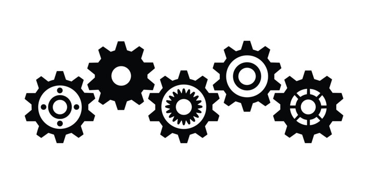 Black and white gear in a row mechanical symbols vector illustration isolated on white background.