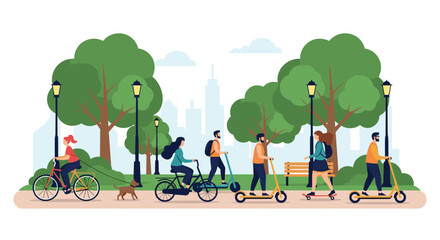 Naklejka premium Active people enjoy a sunny day in a city park while using eco-friendly transportation like bicycles, scooters, and skateboards.